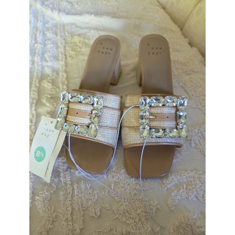New Day Womens Size _8  Nude Raffia Block Heel Slide Sandals Rhinestone Buckle